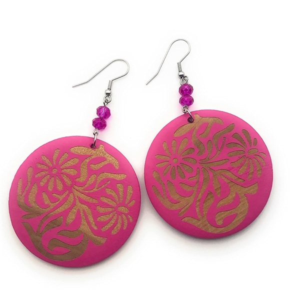 Hot Pink Wooden Disk Statement Dangle Earrings - Picture 2 of 5